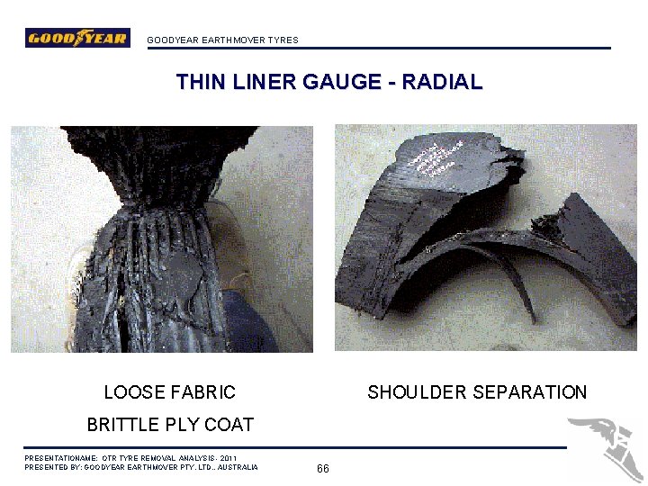 GOODYEAR EARTHMOVER TYRES THIN LINER GAUGE - RADIAL LOOSE FABRIC SHOULDER SEPARATION BRITTLE PLY