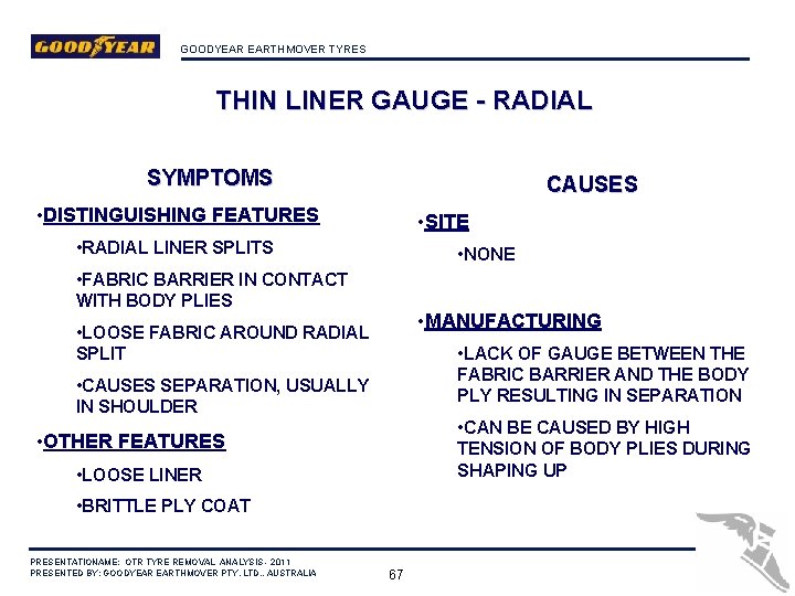 GOODYEAR EARTHMOVER TYRES THIN LINER GAUGE - RADIAL SYMPTOMS CAUSES • DISTINGUISHING FEATURES •