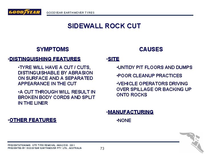 GOODYEAR EARTHMOVER TYRES SIDEWALL ROCK CUT CAUSES SYMPTOMS • SITE • DISTINGUISHING FEATURES •