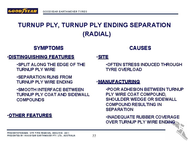 GOODYEAR EARTHMOVER TYRES TURNUP PLY, TURNUP PLY ENDING SEPARATION (RADIAL) SYMPTOMS CAUSES • DISTINGUISHING
