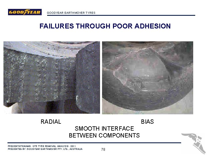 GOODYEAR EARTHMOVER TYRES FAILURES THROUGH POOR ADHESION RADIAL BIAS SMOOTH INTERFACE BETWEEN COMPONENTS PRESENTATIONAME: