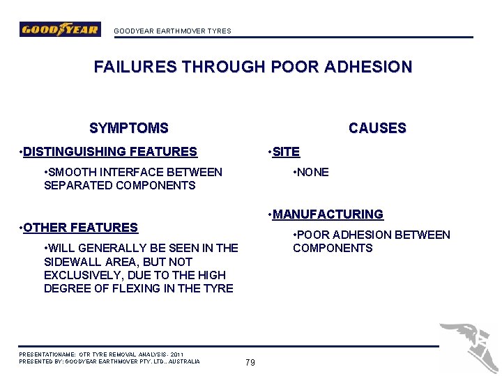 GOODYEAR EARTHMOVER TYRES FAILURES THROUGH POOR ADHESION SYMPTOMS CAUSES • DISTINGUISHING FEATURES • SITE