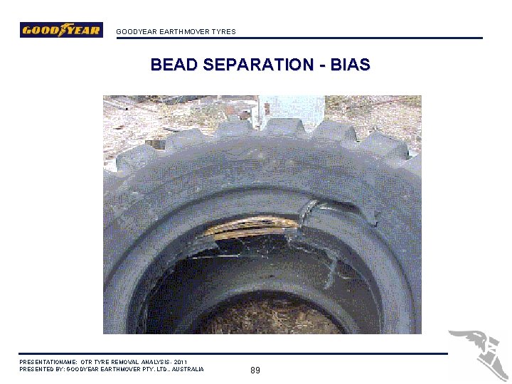 GOODYEAR EARTHMOVER TYRES BEAD SEPARATION - BIAS PRESENTATIONAME: OTR TYRE REMOVAL ANALYSIS - 2011
