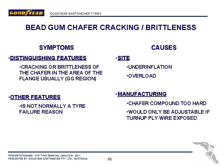 GOODYEAR EARTHMOVER TYRES BEAD GUM CHAFER CRACKING / BRITTLENESS CAUSES SYMPTOMS • SITE •