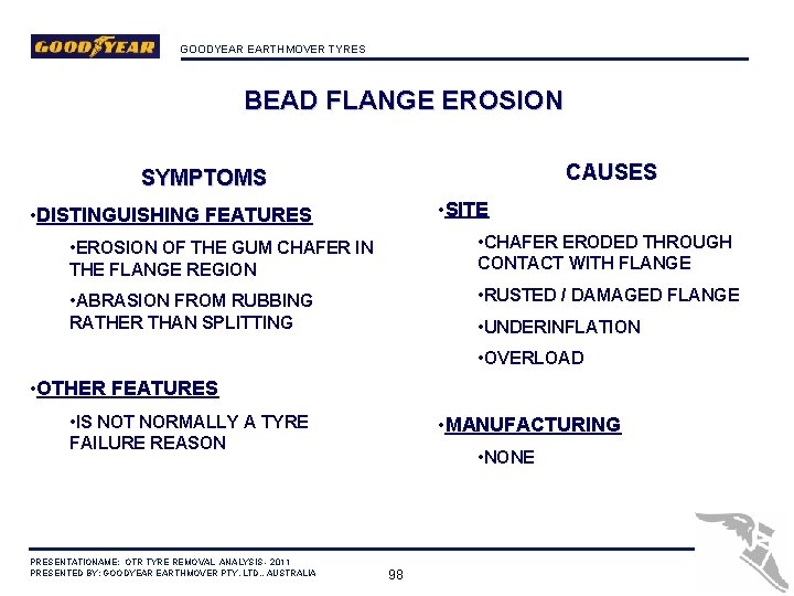 GOODYEAR EARTHMOVER TYRES BEAD FLANGE EROSION CAUSES SYMPTOMS • SITE • DISTINGUISHING FEATURES •