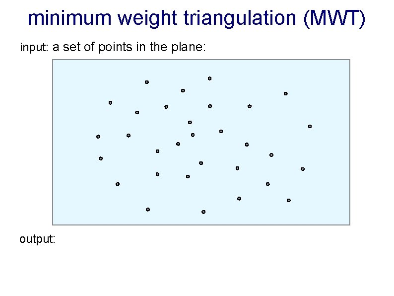 minimum weight triangulation (MWT) input: a set of points in the plane: output: 