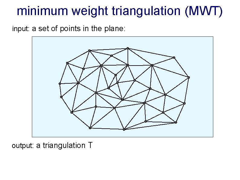 minimum weight triangulation (MWT) input: a set of points in the plane: output: a