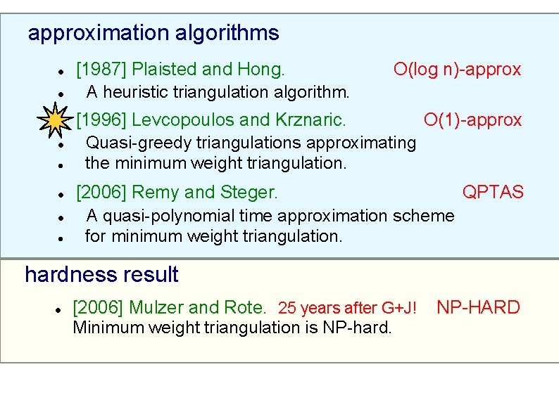 approximation algorithms l l l l [1987] Plaisted and Hong. A heuristic triangulation algorithm.