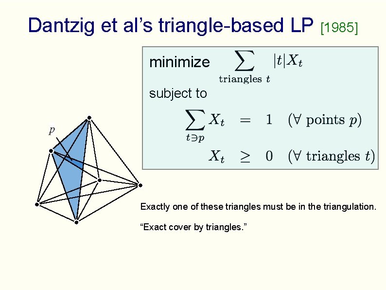 Dantzig et al’s triangle-based LP [1985] minimize subject to Exactly one of these triangles