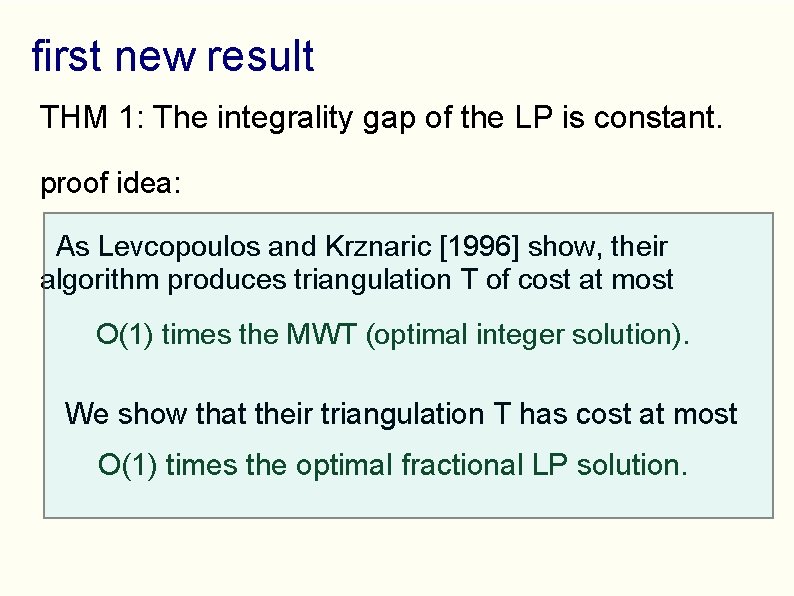 first new result THM 1: The integrality gap of the LP is constant. proof