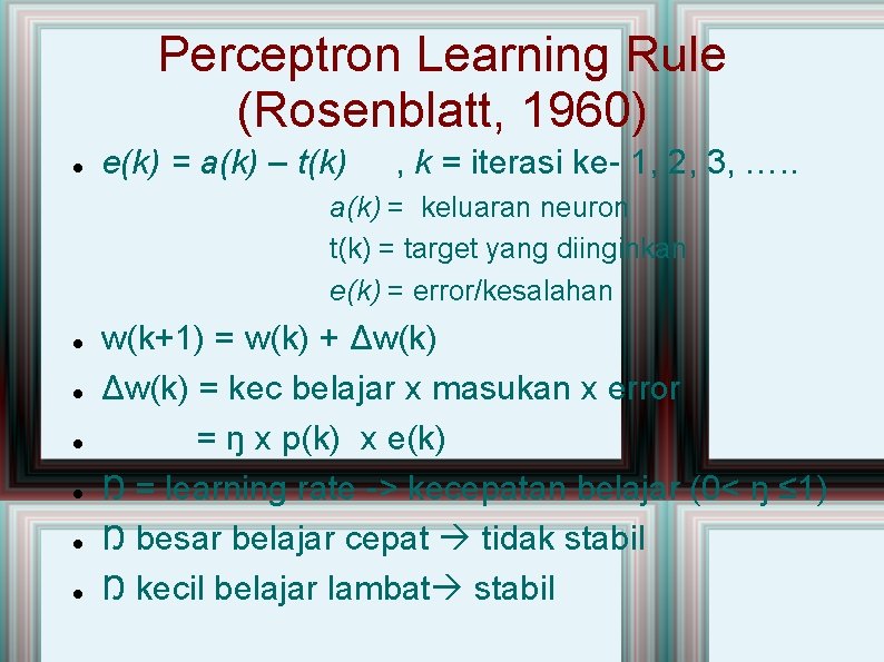 Perceptron Learning Rule (Rosenblatt, 1960) e(k) = a(k) – t(k) , k = iterasi