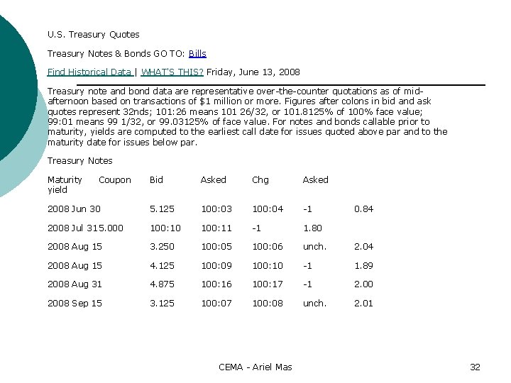 U. S. Treasury Quotes Treasury Notes & Bonds GO TO: Bills Find Historical Data