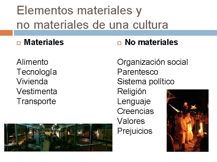 Elementos materiales y no materiales de una cultura Materiales Alimento Tecnología Vivienda Vestimenta Transporte