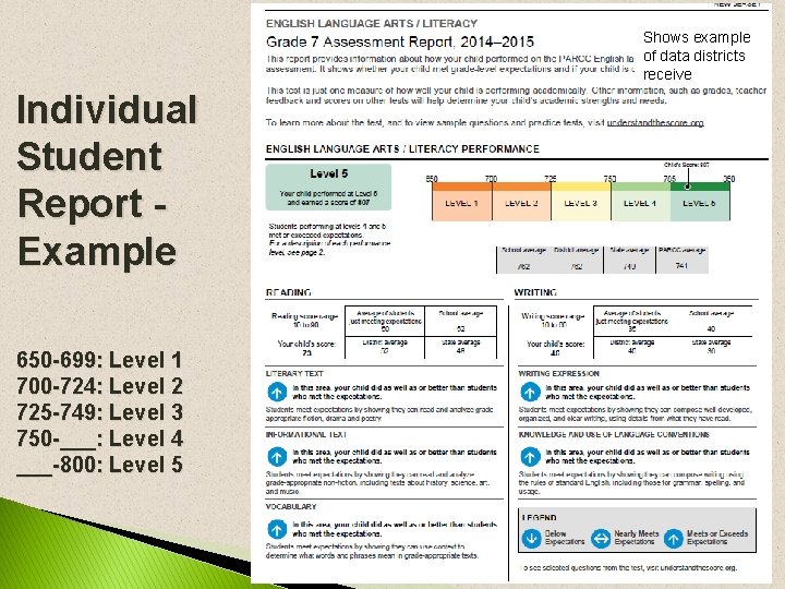 Shows example of data districts receive Individual Student Report Example 650 -699: Level 1 Shows example of data districts receive Individual Student Report Example 650 -699: Level 1