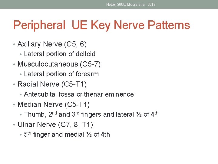 Netter 2006, Moore et al. 2013 Peripheral UE Key Nerve Patterns • Axillary Nerve