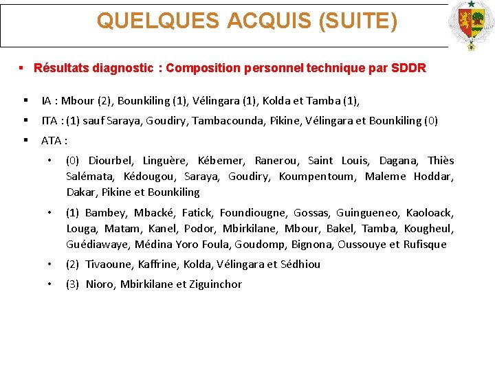 QUELQUES ACQUIS (SUITE) Résultats diagnostic : Composition personnel technique par SDDR IA : Mbour