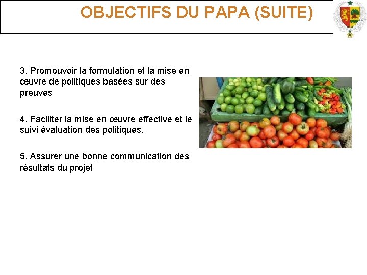  OBJECTIFS DU PAPA (SUITE) 3. Promouvoir la formulation et la mise en œuvre