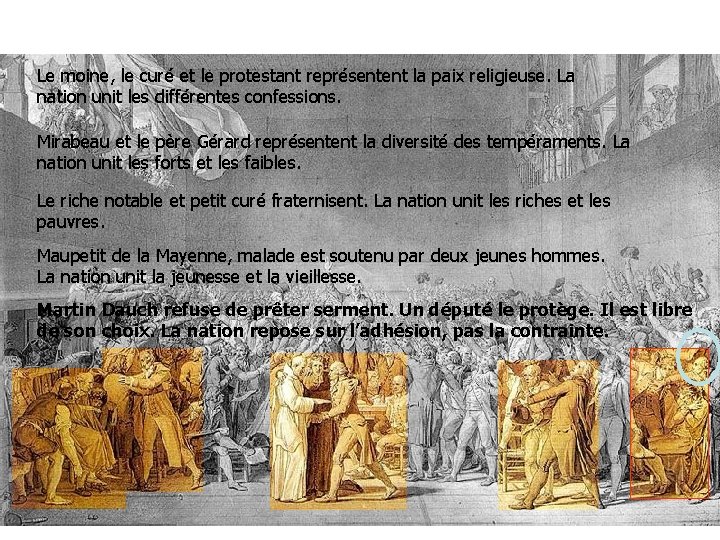 Le moine, le curé et le protestant représentent la paix religieuse. La nation unit