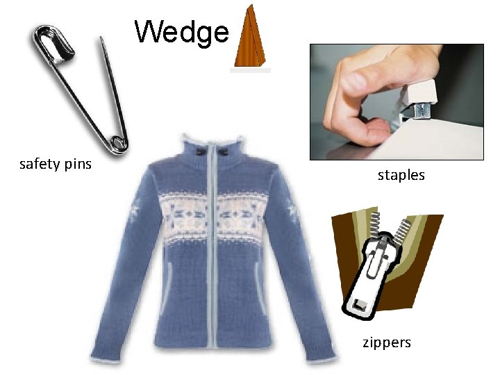 Wedges safety pins staples zippers 