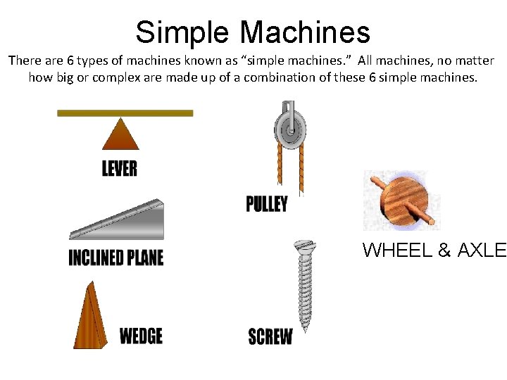 Simple Machines There are 6 types of machines known as “simple machines. ” All