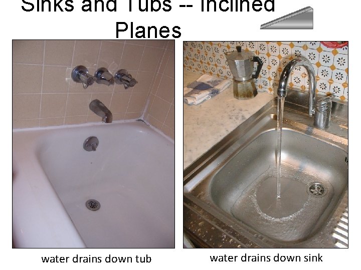 Sinks and Tubs -- Inclined Planes water drains down tub water drains down sink
