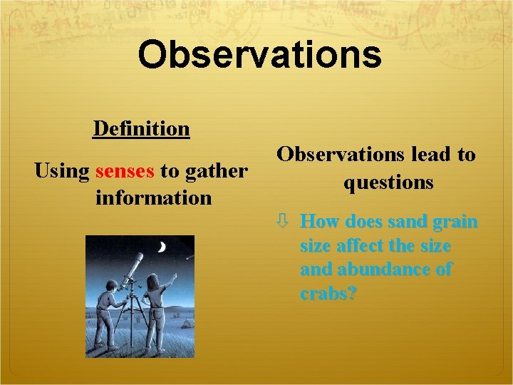 Observations Definition Using senses to gather information Observations lead to questions How does sand