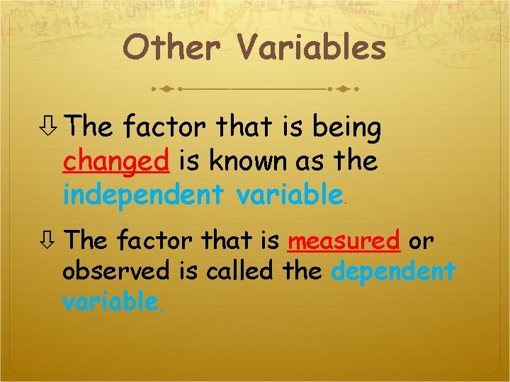 Other Variables The factor that is being changed is known as the independent variable.