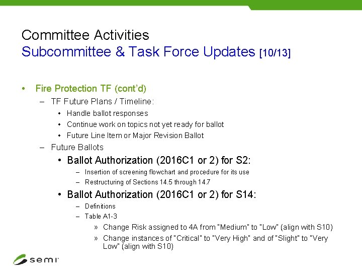 Committee Activities Subcommittee & Task Force Updates [10/13] • Fire Protection TF (cont’d) –