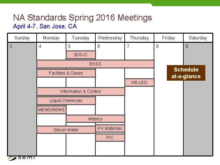 NA Standards Spring 2016 Meetings April 4 -7, San Jose, CA Sunday 3 Monday