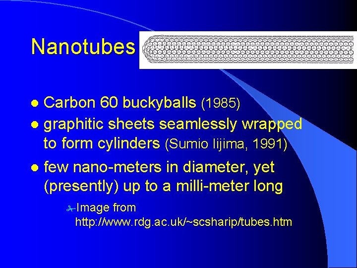 Nanotubes Carbon 60 buckyballs (1985) l graphitic sheets seamlessly wrapped to form cylinders (Sumio