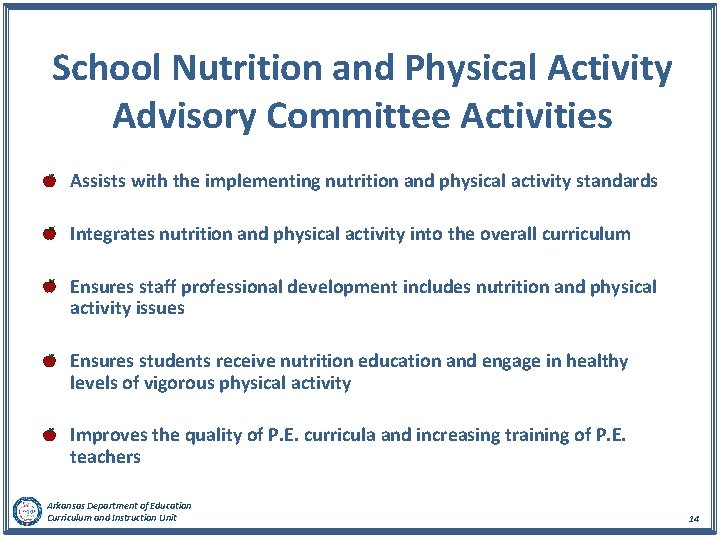  School Nutrition and Physical Activity Advisory Committee Activities Assists with the implementing nutrition