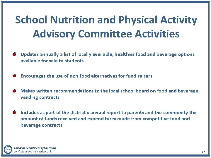  School Nutrition and Physical Activity Advisory Committee Activities Updates annually a list of