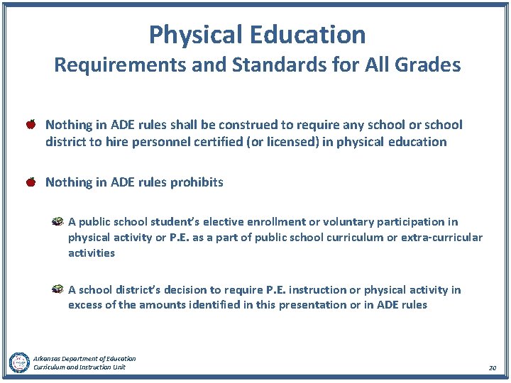  Physical Education Requirements and Standards for All Grades Nothing in ADE rules shall
