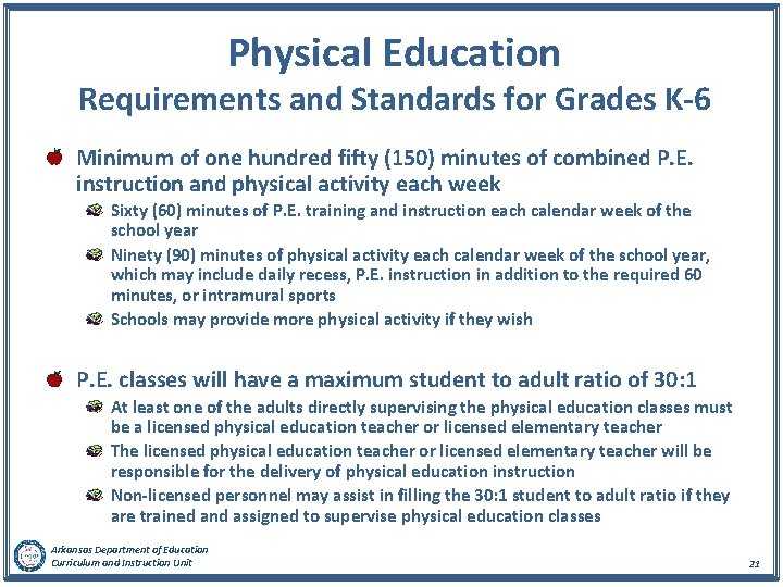  Physical Education Requirements and Standards for Grades K-6 Minimum of one hundred fifty
