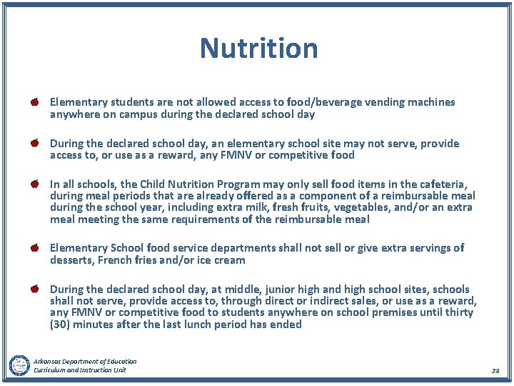 Nutrition Elementary students are not allowed access to food/beverage vending machines anywhere on campus