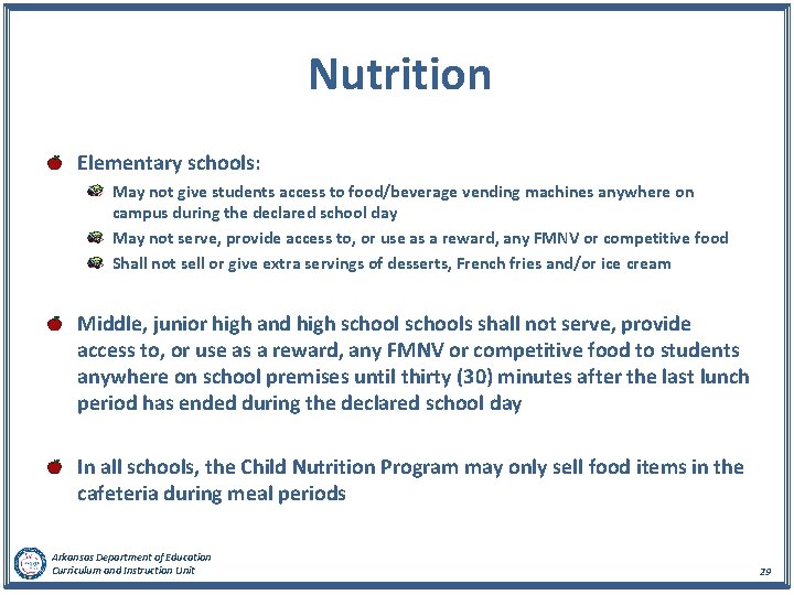 Nutrition Elementary schools: May not give students access to food/beverage vending machines anywhere on