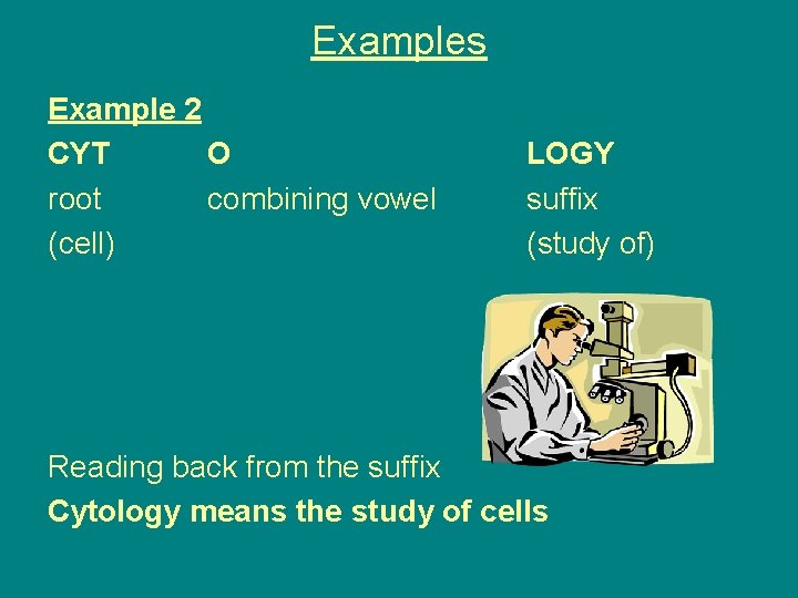 Examples Example 2 CYT O root combining vowel (cell) LOGY suffix (study of) Reading