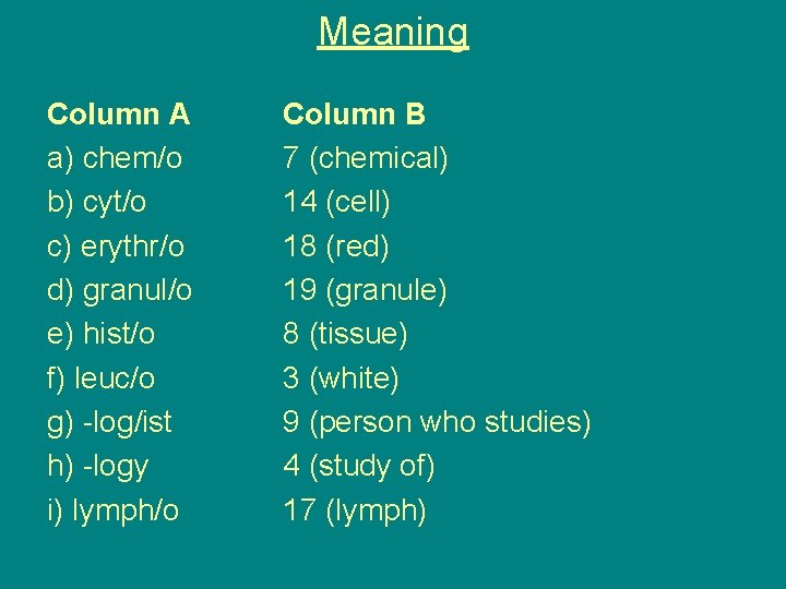Meaning Column A a) chem/o b) cyt/o c) erythr/o d) granul/o e) hist/o f)
