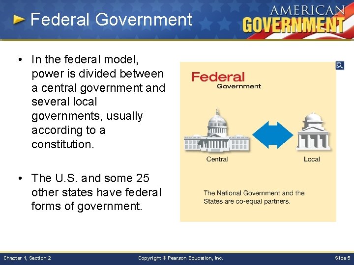 Federal Government • In the federal model, power is divided between a central government