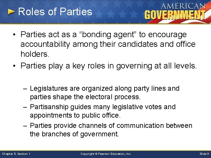 Roles of Parties • Parties act as a “bonding agent” to encourage accountability among