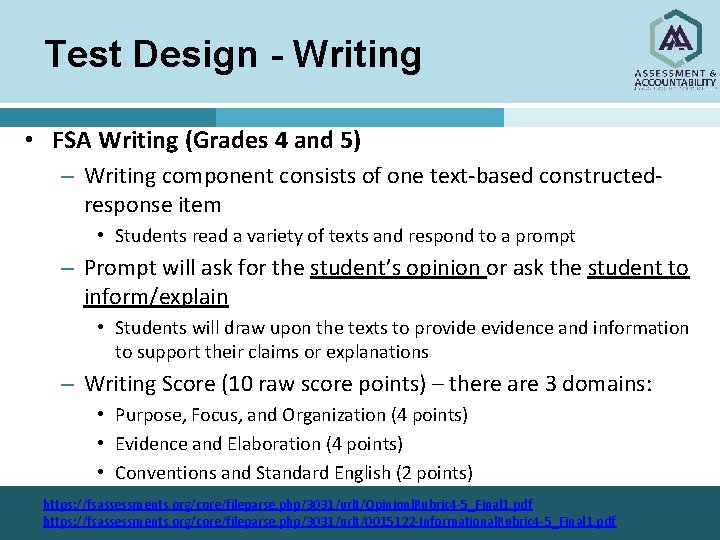 Test Design - Writing • FSA Writing (Grades 4 and 5) – Writing component