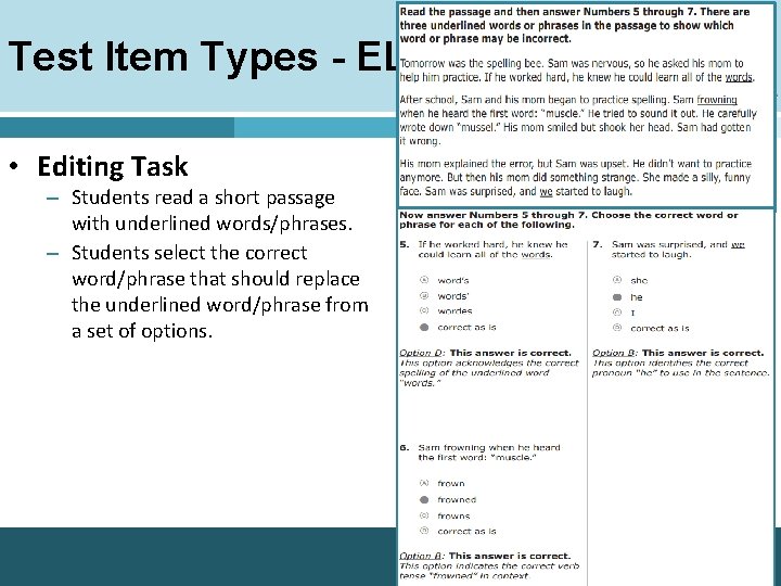 Test Item Types - ELA • Editing Task – Students read a short passage