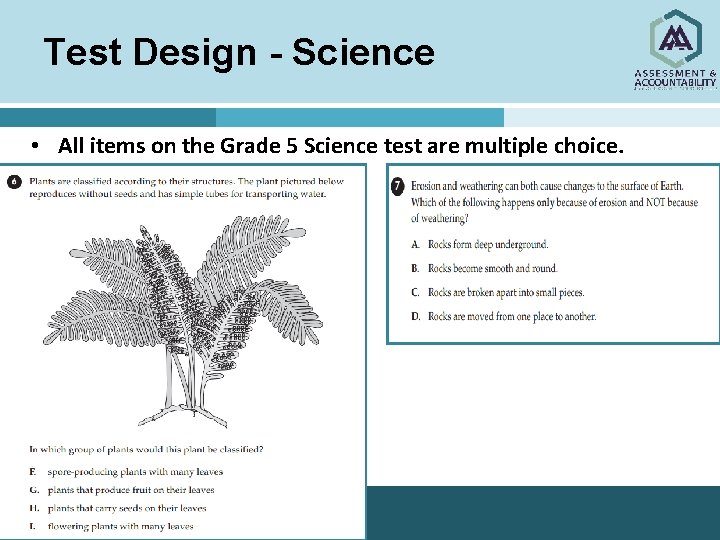 Test Design - Science • All items on the Grade 5 Science test are