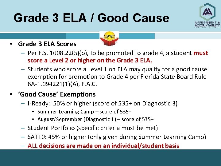 Grade 3 ELA / Good Cause • Grade 3 ELA Scores – Per F.