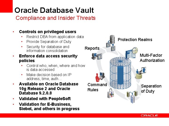 Oracle Database Vault Compliance and Insider Threats • Controls on privileged users • •