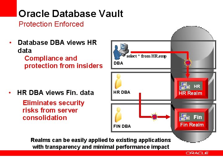 Oracle Database Vault Protection Enforced • Database DBA views HR data Compliance and protection