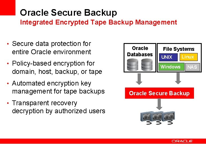 Oracle Secure Backup Integrated Encrypted Tape Backup Management • Secure data protection for entire