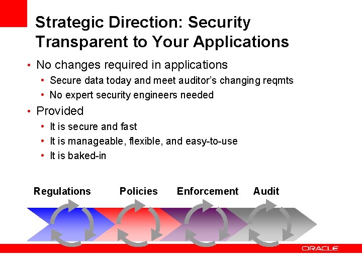 Strategic Direction: Security Transparent to Your Applications • No changes required in applications •
