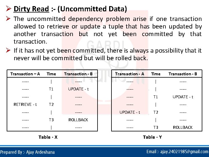 Ø Dirty Read : - (Uncommitted Data) Ø The uncommitted dependency problem arise if Ø Dirty Read : - (Uncommitted Data) Ø The uncommitted dependency problem arise if