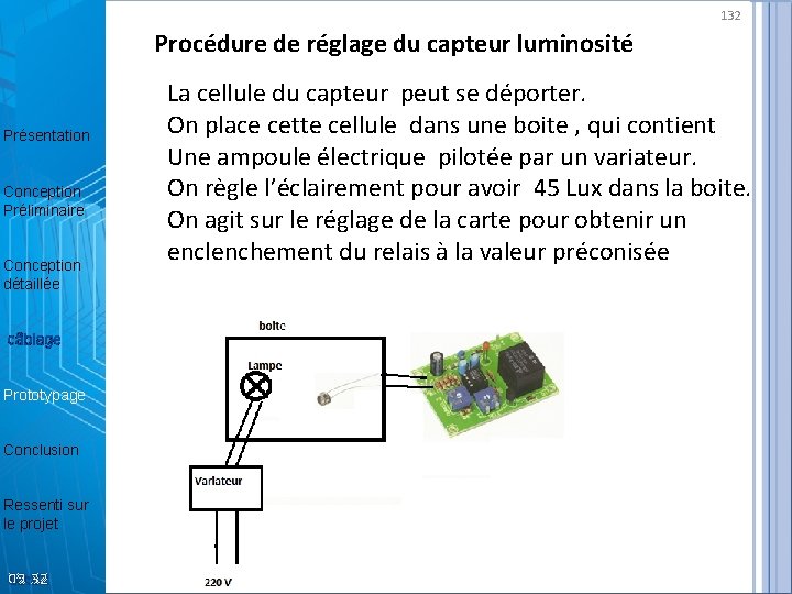 132 Procédure de réglage du capteur luminosité Présentation Conception Préliminaire Conception détaillée câblage Prototypage